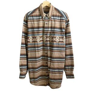 Vintage Woolrich Southwestern  Print Button Up‎ Shirt Brown L Distressed Western